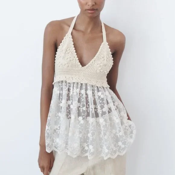 Zara | Tops | Nwt Ecru Beige Mixed Embroidered Knit Top